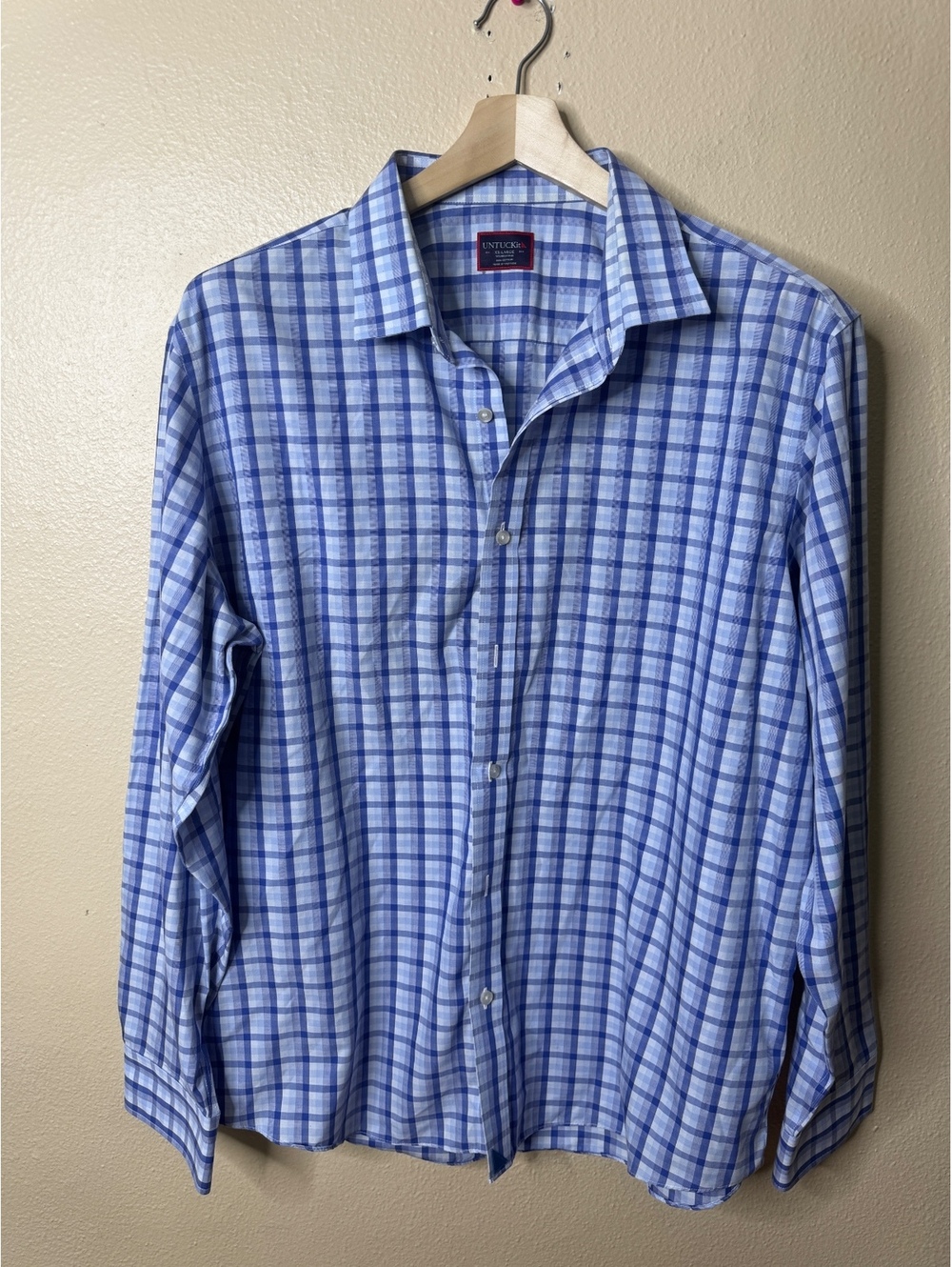 UNTUCKit Shirt Mens XXL Blue Plaid Wrinkle Free Cotton Long Sleeve Button Front